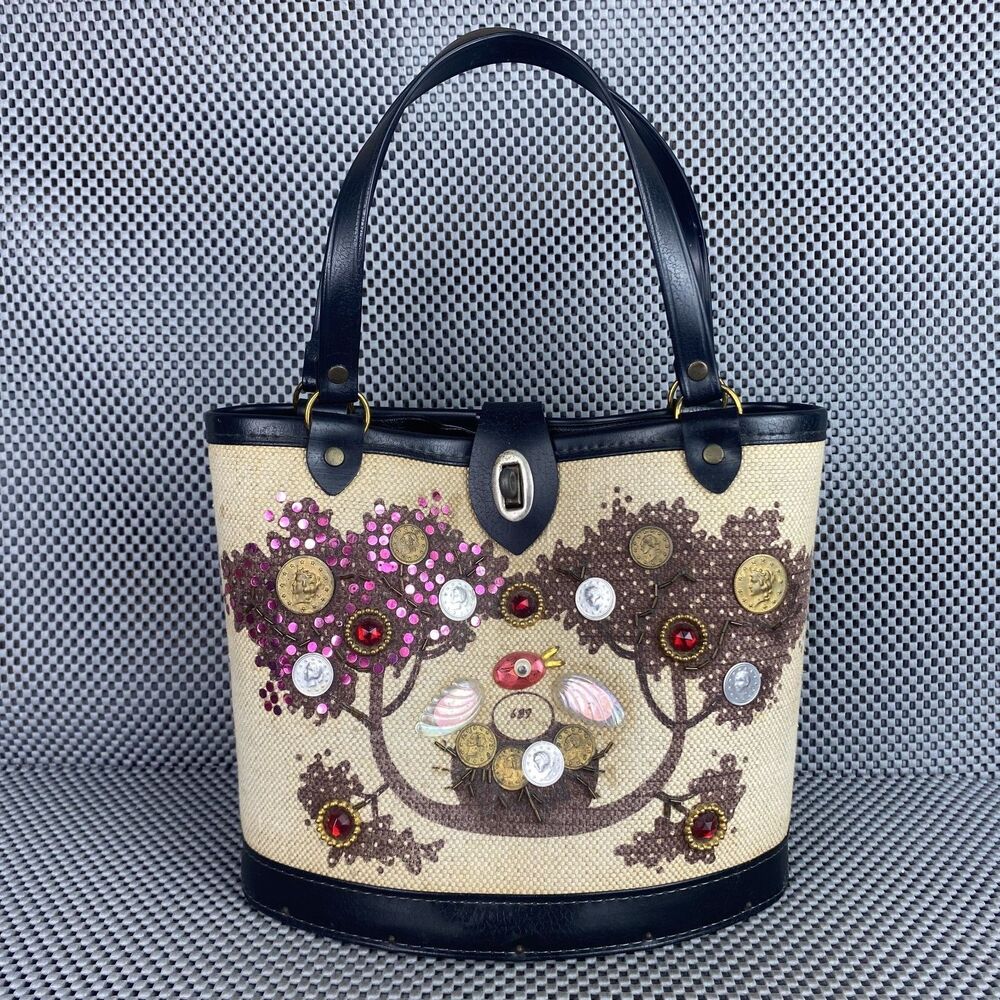 Vintage Enid Collins Bucket Handbag Womens Tan Black Handmade Money Tree Rare